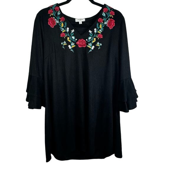 Umgee Womens Medium Dress Black Red Floral Suede Long Bell Sleeve V-Neck Short - Picture 1 of 7